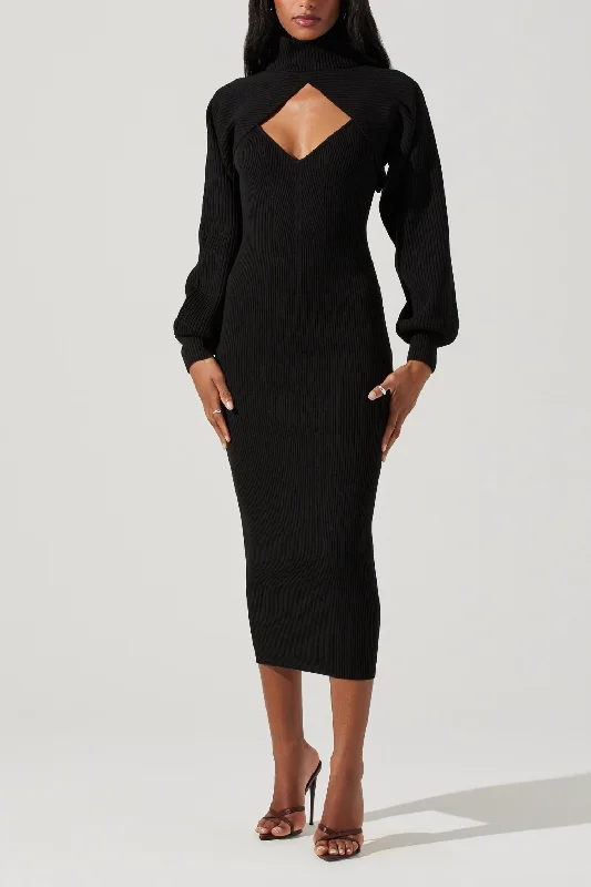 Jodie Sweater Dress In Black Ribbed Knit Sweater