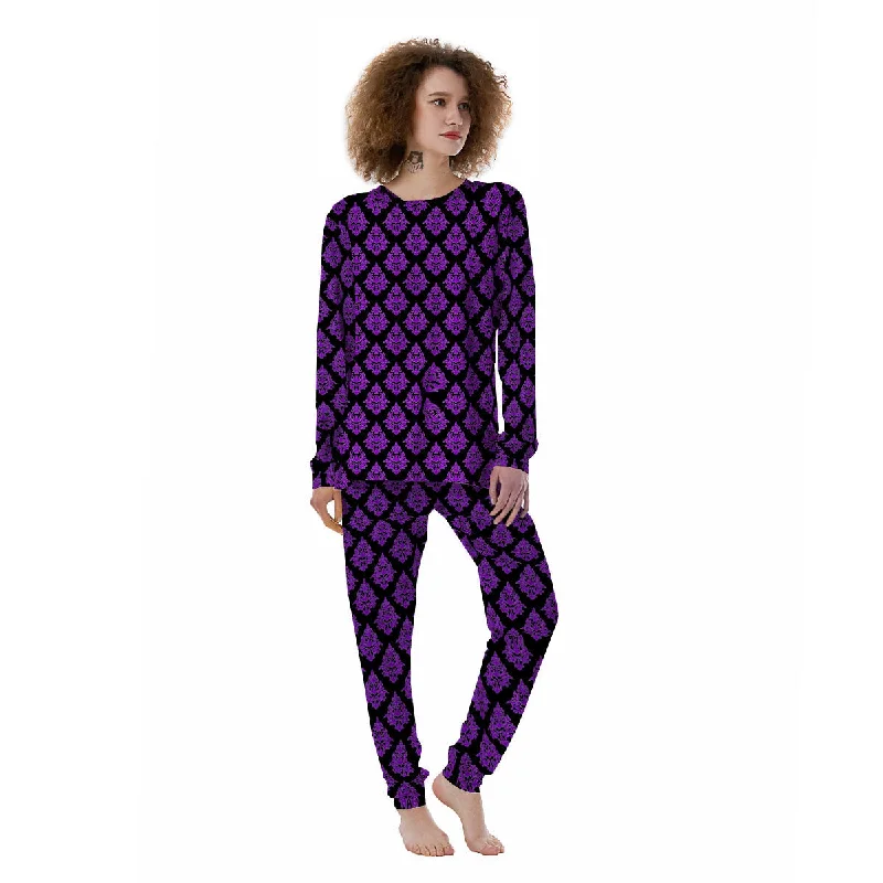 Damask Purple And Black Print Pattern Women's Pajamas Breathable cotton pajama sets