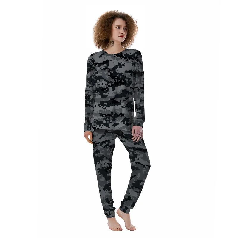 Digital Camo Grey And Black Print Women's Pajamas Minimalist pajama sets