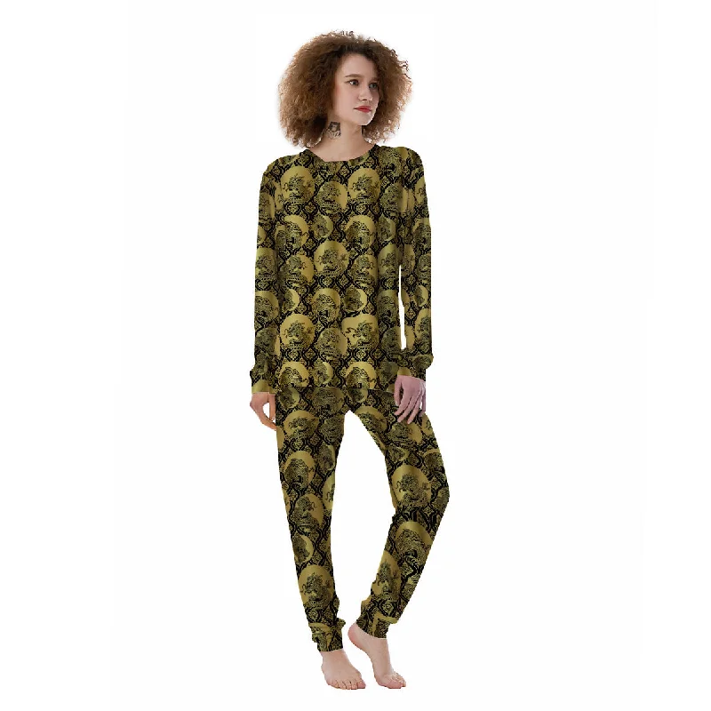 Dragon Gold And Black Print Pattern Women's Pajamas Elegant pajama sets