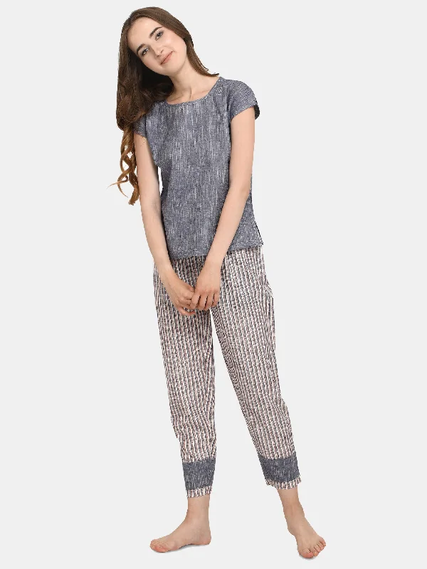 Striped Drop Shoulder Long Nightsuit Set (MFNIGHT2528) Cooling pajama sets