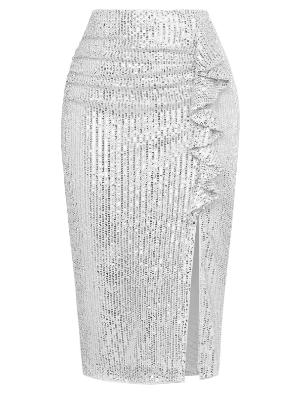 Sequined Party Skirt Elastic Waist Front Slit Mid-Calf Bodycon Skirt Low-rise unclassified skirts