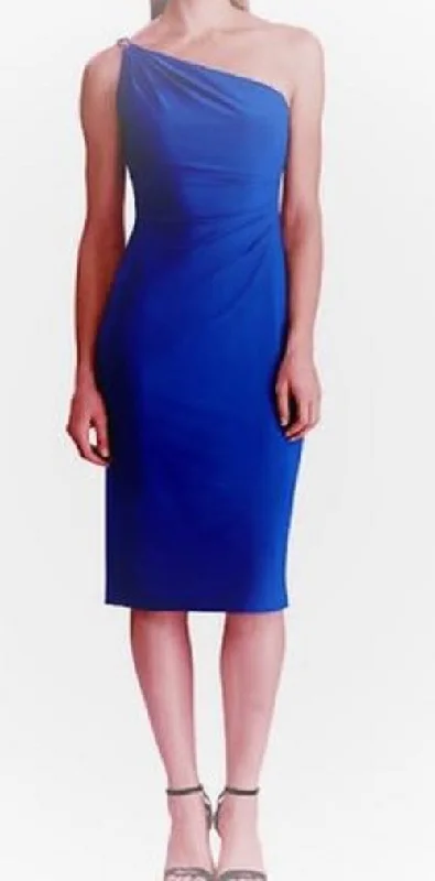 Ralph Lauren Women's Blue Sleeveless Asymmetrical Neckline Midi Sheath Party Dress Navy Size 12 Skater Midi Skirt