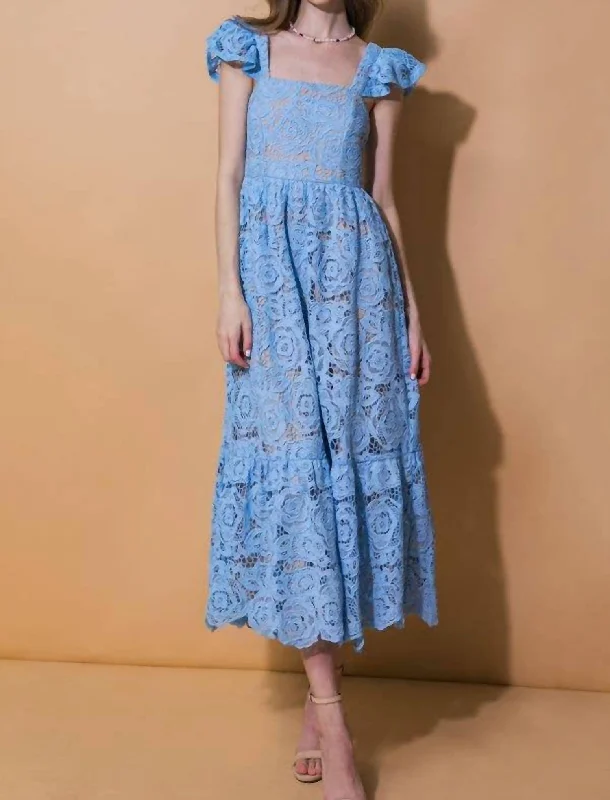 Solid Lace Midi Dress In Blue Midi Skirt with Pockets